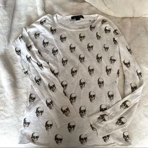 Skull Cashmere 360 Cashmere White Skull Print Long Sleeve Linen Top